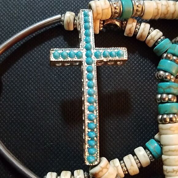 Bundle of 3 Turquoise, Silver, & Cream Bracelets - Picture 2 of 2